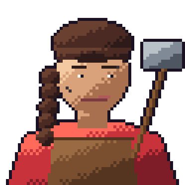 Brunna's portrait: a smith with braids and a hammer.