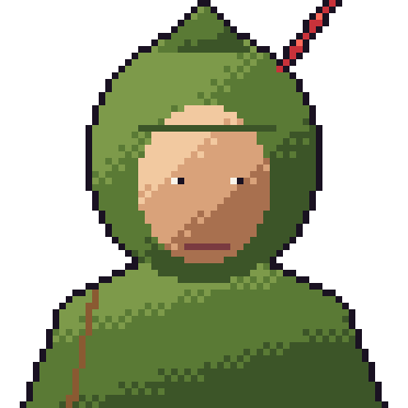 Arren's portrait: a young archer in a green hood with a red feather.