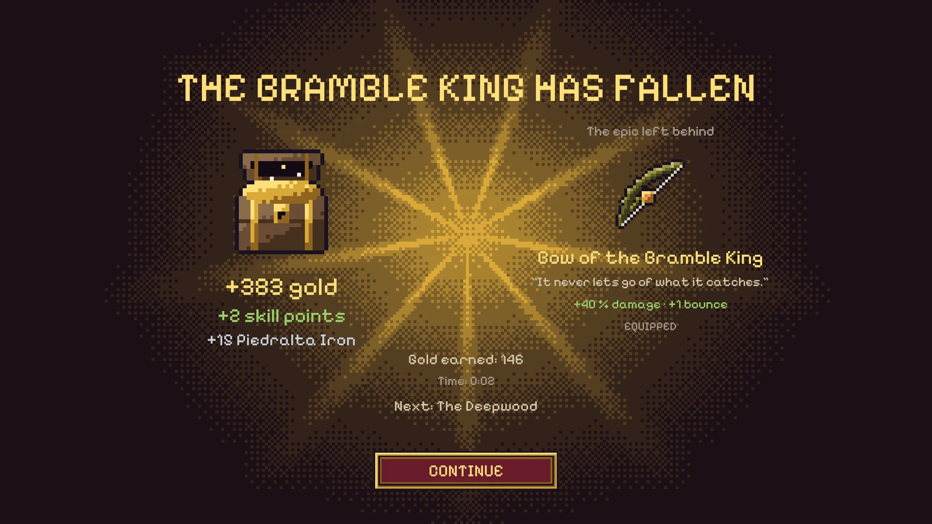 SEALBREAKER: the Bramble King has fallen, and his chest of gold and his bow wait in the clearing.