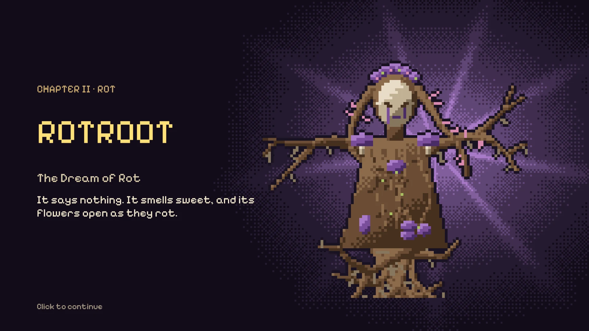 Rotroot, a rotting tree with a pale face and violet flowers.
