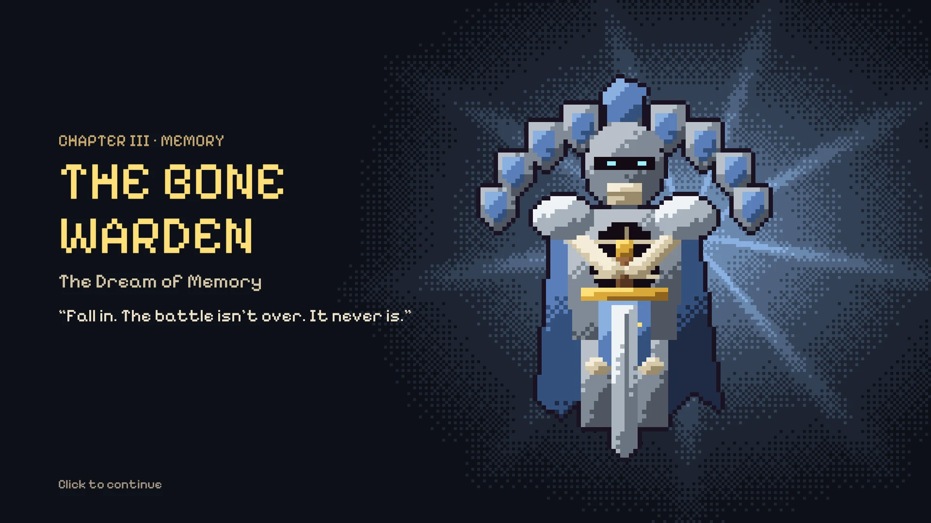 The Bone Warden, an armored knight of bone holding a sword point down.