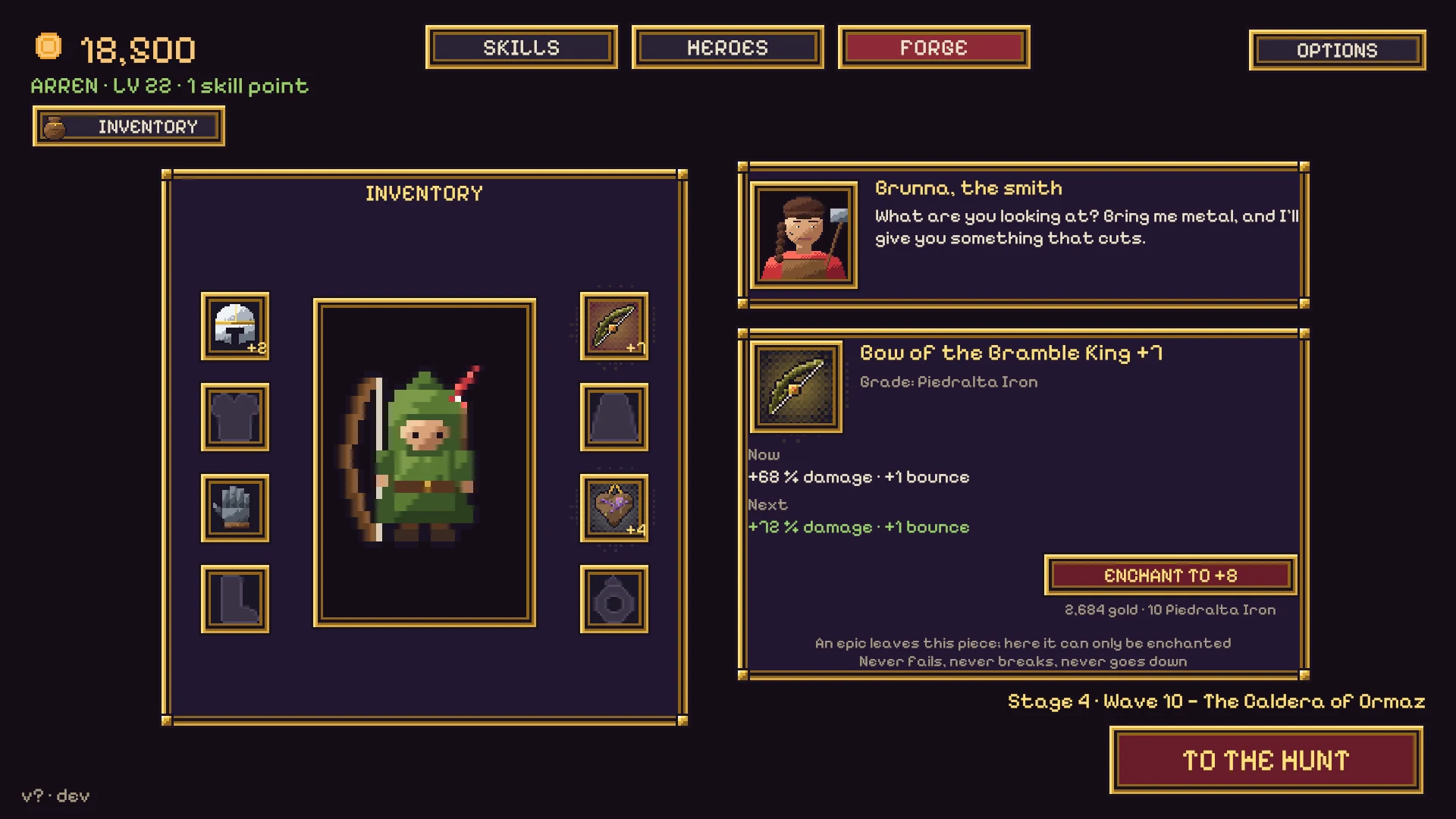 The forge: Arren's equipment with the Bow of the Bramble King at +7, and Brunna the smith.